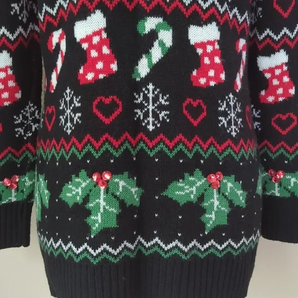 Absolutely Famous Button Up Acrylic Cardigan Christmas Sweater MEDIUM Black Red - Picture 14 of 16